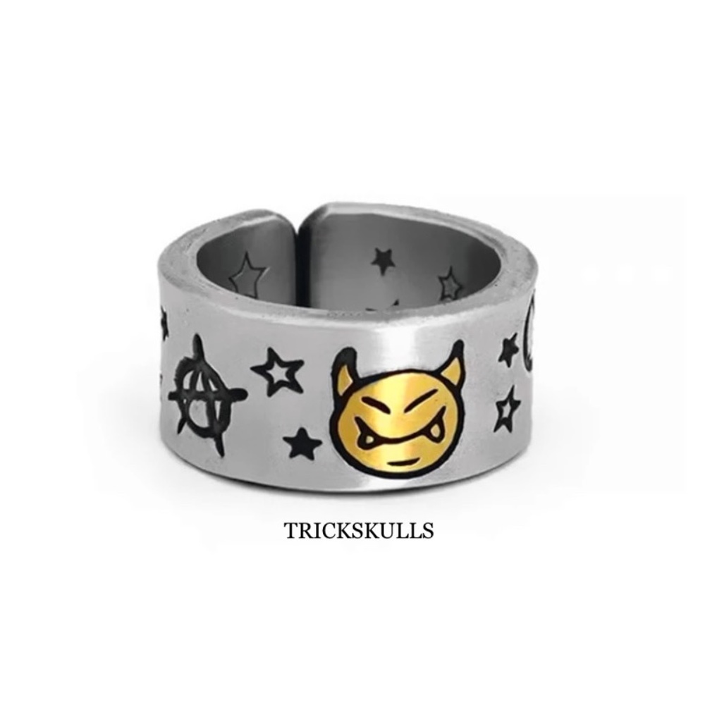 Silver Stainless Anarchy Devil Etched Adjustable Open Ring Size 6 - 9 New!